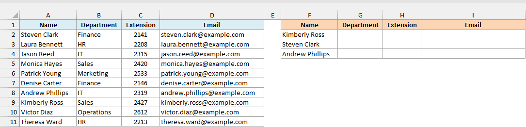 Office phone directory with name, department, extension, and email, and three names typed in F2:F4