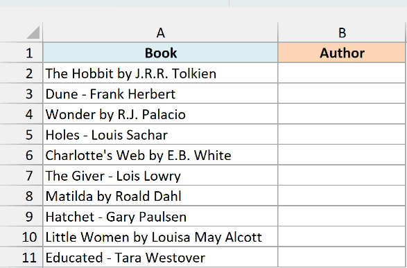 Reading list with titles and authors separated by by or a dash, and an empty Author column