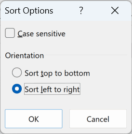 Sort Options dialog box with Sort left to right selected