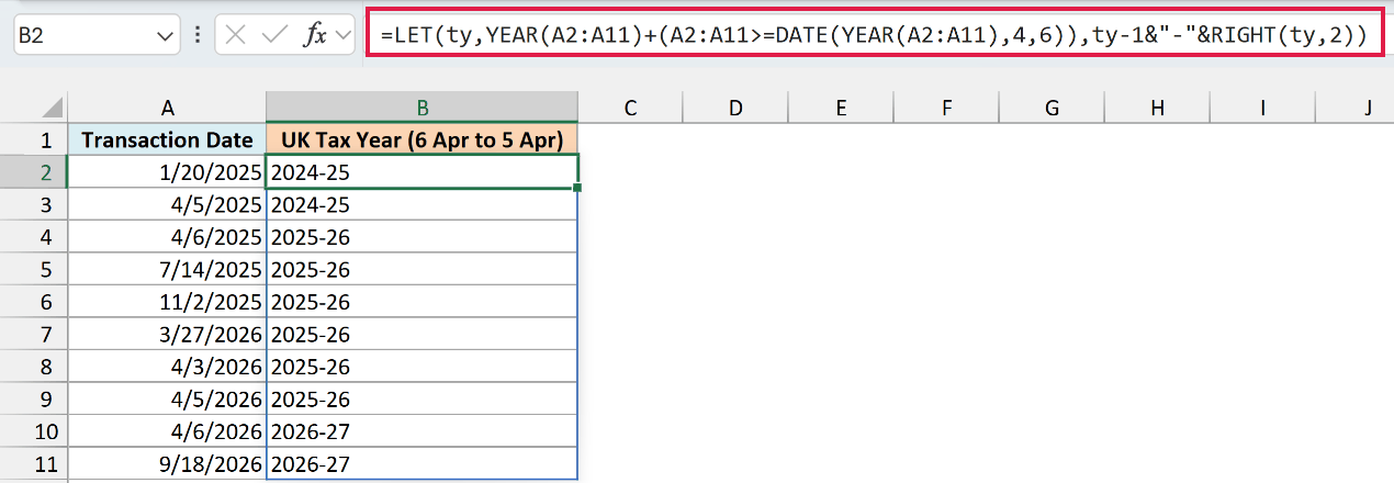 LET formula in B2 returns UK tax year labels such as 2024-25, using 6 April as the start date