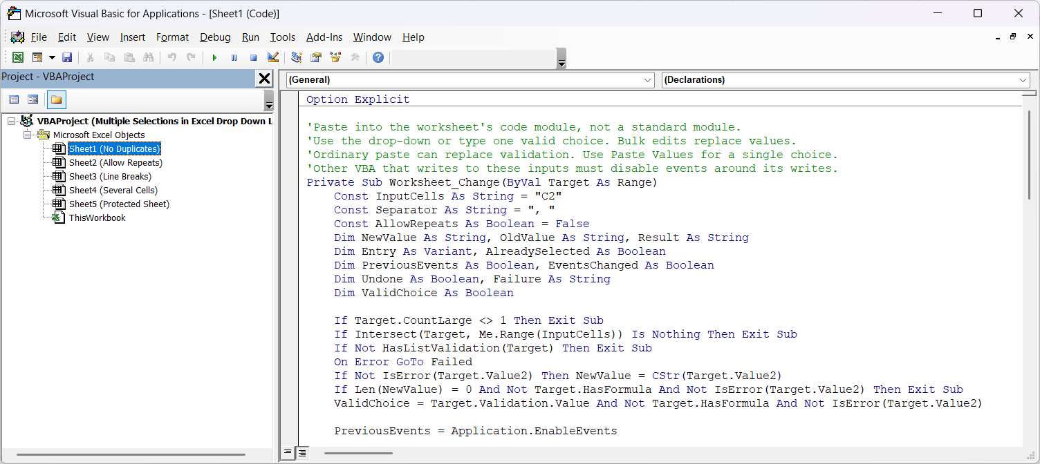 The complete worksheet event code installed in the No Duplicates worksheet, showing its opening lines.