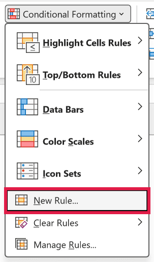 New Rule option in the Conditional Formatting menu on the Home tab