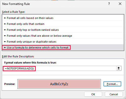New Formatting Rule dialog box with the NOT and ISFORMULA formula and a light red fill in the preview