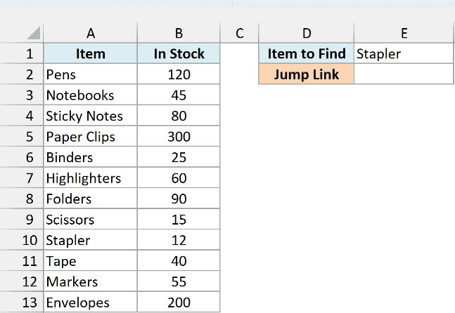 Office supply stock list with Stapler typed in the Item to Find cell and an empty Jump Link cell