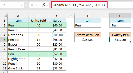 DSUM formula with the exact match criteria returning $112.50 for Pen only