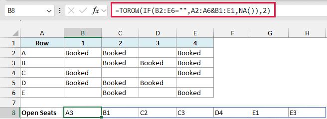 TOROW with IF, NA, and ignore 2 lists the seven open seats