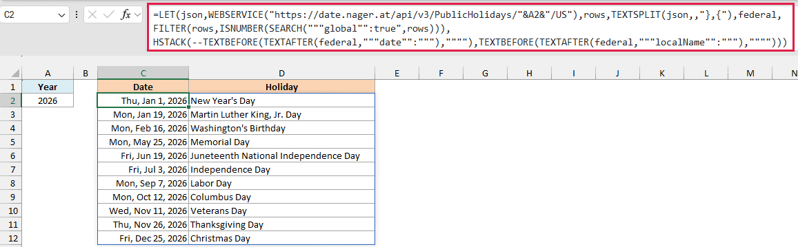 One formula lists the eleven US federal holidays for the year in A2 with their dates and names