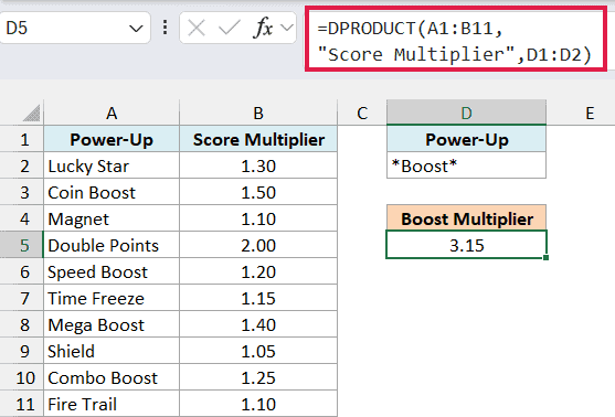 DPRODUCT formula with a wildcard returning a combined Boost multiplier of 3.15
