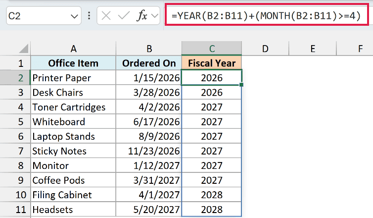 YEAR plus the April test returns the fiscal year, so 3/31/2027 stays 2027 and 4/1/2027 becomes 2028