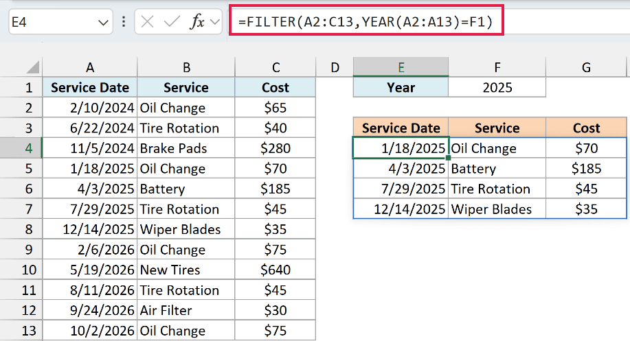 FILTER with YEAR returns the four services from 2025 into E4:G7