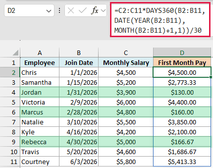 DAYS360 counts each new hire's days to the first of the next month on a 30-day basis, so Samantha gets 16/30 of her salary
