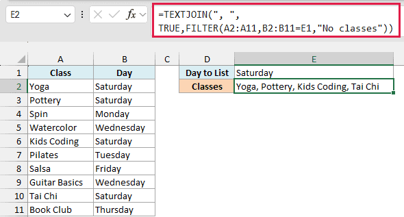 TEXTJOIN listing Saturday classes with FILTER
