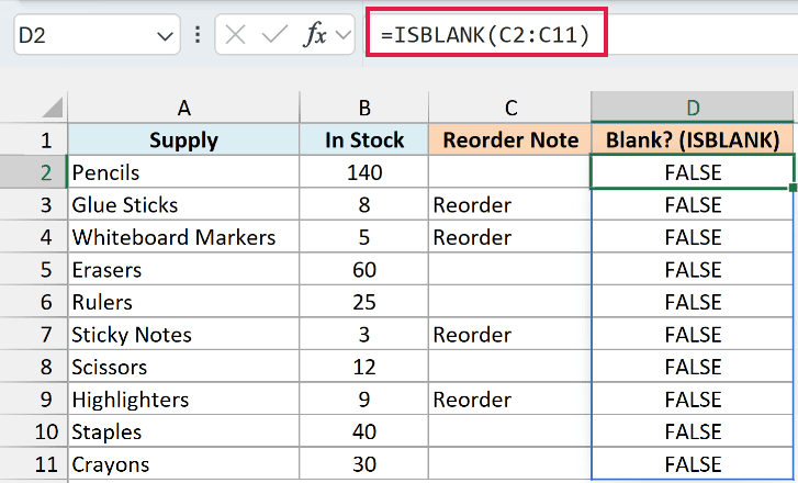 ISBLANK returning FALSE for every Reorder Note cell, including the ones that look empty