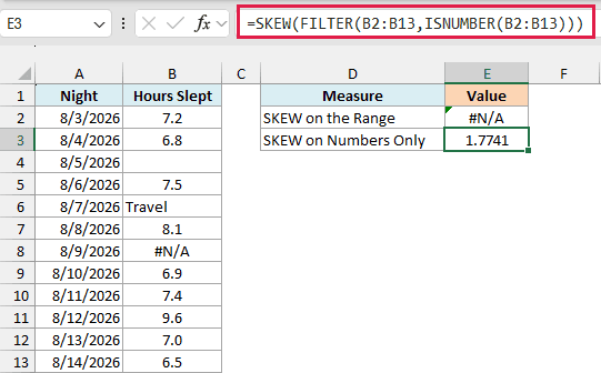 SKEW with FILTER and ISNUMBER in E3 skips the blank, text and error and returns 1.7741