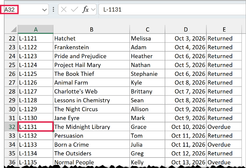 After clicking the link, Excel selects cell A32, the first loan with the Overdue status