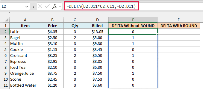DELTA without ROUND in E2 returns 0 for six rows because of tiny decimal differences