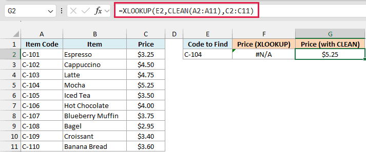 XLOOKUP with CLEAN on the item codes finds C-104 and returns $5.25