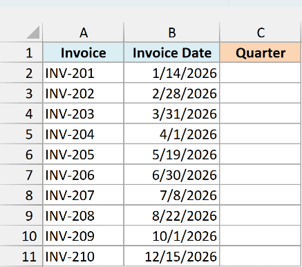 Ten invoices with their invoice dates beside an empty Quarter column
