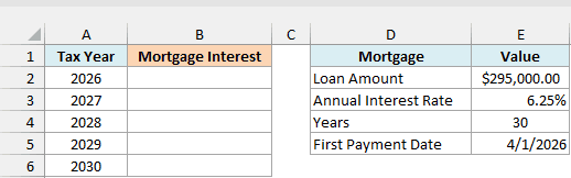 Tax years 2026 to 2030 with an empty Mortgage Interest column beside a $295,000 mortgage whose first payment is 4/1/2026