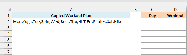 Weekly workout plan copied as one comma-separated line of text, beside empty Day and Workout columns