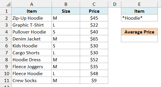 Clothing price list with the *Hoodie* wildcard under the Item criteria header and an empty Average Price cell