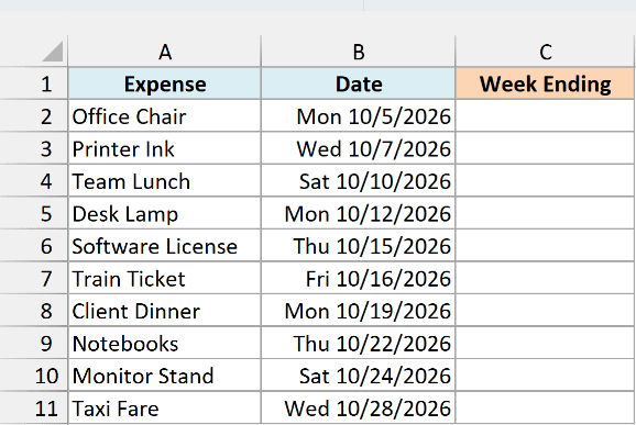 Business expenses with their dates beside an empty Week Ending column