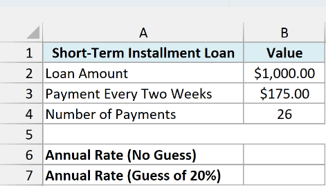 Short-term installment loan of $1,000 paid back at $175 every two weeks for 26 payments, with empty annual rate cells