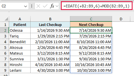 Dental checkups scheduled six months later, with Odessa's 7/14/2026 appointment retaining 9:30 AM