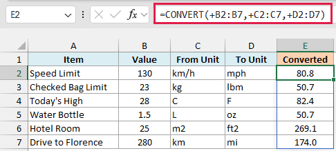 CONVERT reads the unit codes from columns C and D and converts every row