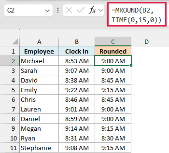 MROUND with TIME(0,15,0) rounds each clock-in time to the nearest 15 minutes, so 8:53 AM becomes 9:00 AM