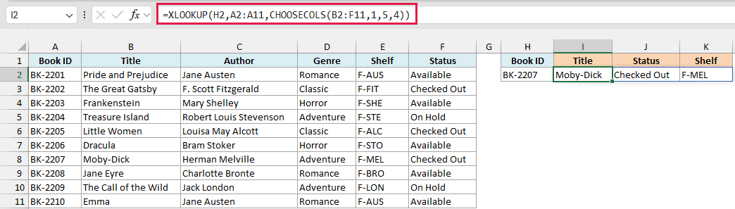 XLOOKUP with CHOOSECOLS returns Moby-Dick, Checked Out, and F-MEL for book BK-2207