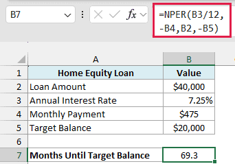 NPER formula with the target balance as fv returns 69.3 months until the loan balance drops to $20,000