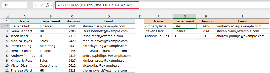 CHOOSEROWS with XMATCH returns the department, extension, and email for each typed name, in the same order