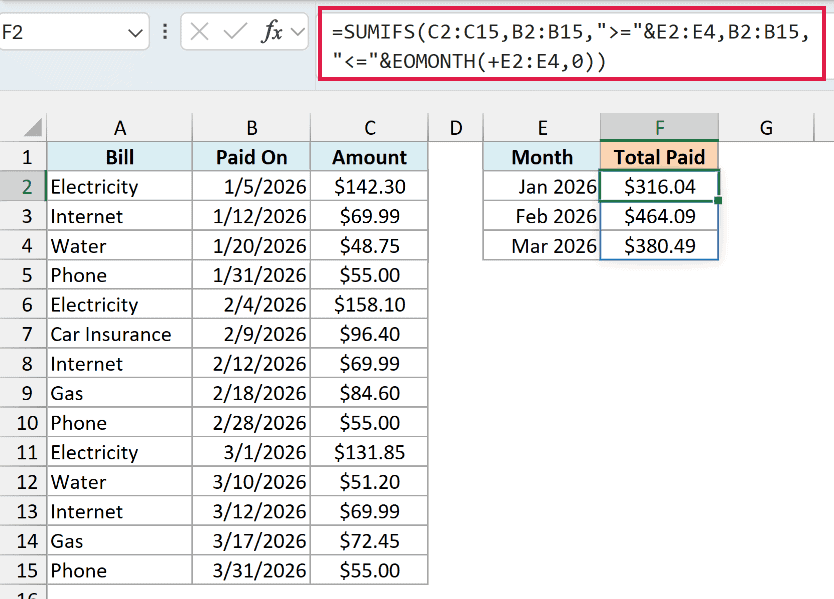 SUMIFS with EOMONTH totals bills by month, giving $316.04 for January 2026