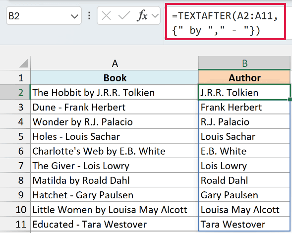 TEXTAFTER formula with an array of two delimiters returning each author