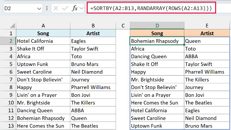 SORTBY with RANDARRAY shuffles the playlist into a random order, each song kept with its artist