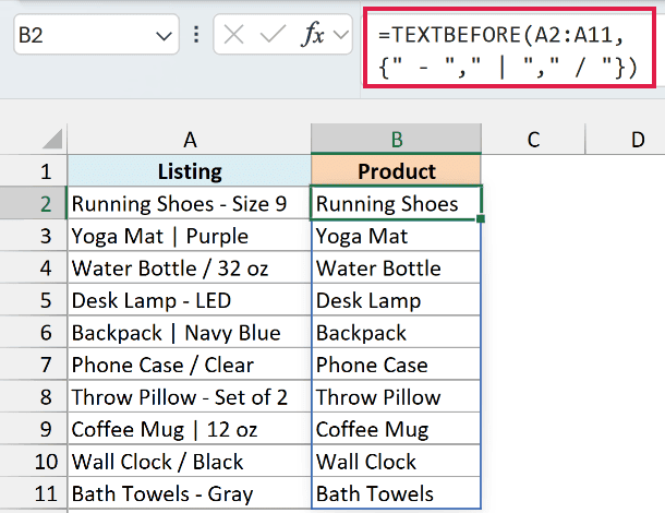 TEXTBEFORE with an array of delimiters returns the product name for all three separator styles