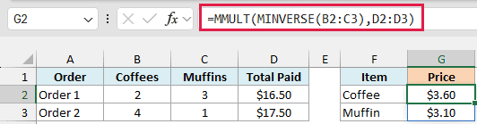 MMULT with MINVERSE solves the two receipts to get the price of one coffee and one muffin