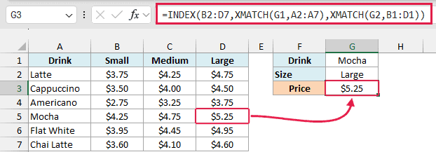 INDEX and XMATCH return $5.25 for a Large Mocha, with an arrow connecting prices.