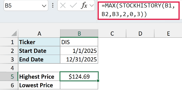 MAX and STOCKHISTORY return Disney's highest price in 2025