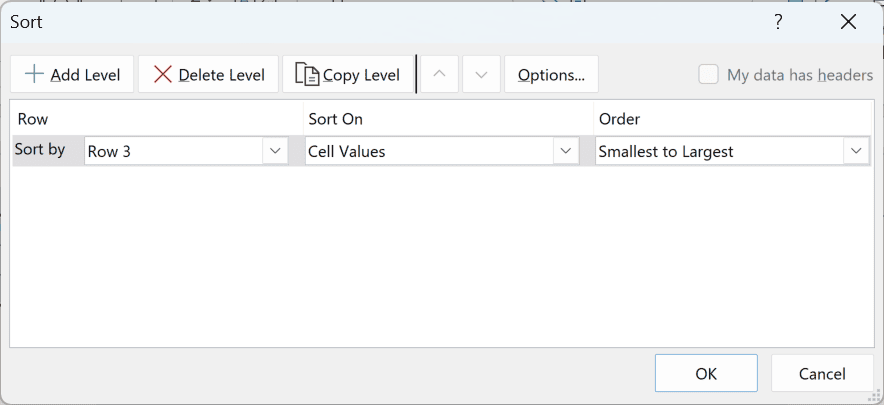 Sort by drop-down set to Row 3 (the helper row)