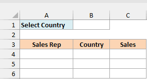 Report sheet with Select Country in A1, an empty B1, and empty result cells under the A3:C3 headers