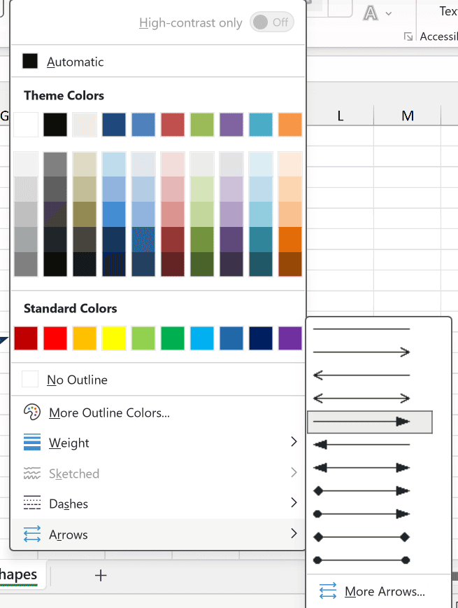 Arrows option in the Shape Outline menu on the Shape Format tab showing arrowhead styles