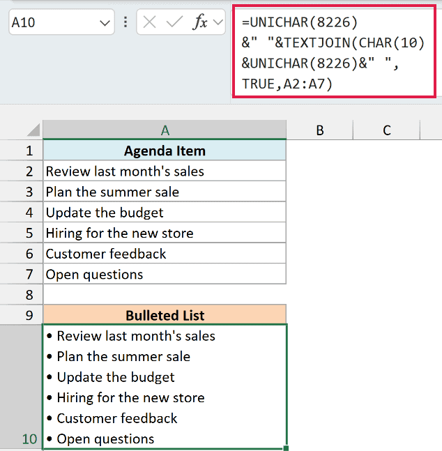 TEXTJOIN formula in A10 creating a bulleted list in one cell