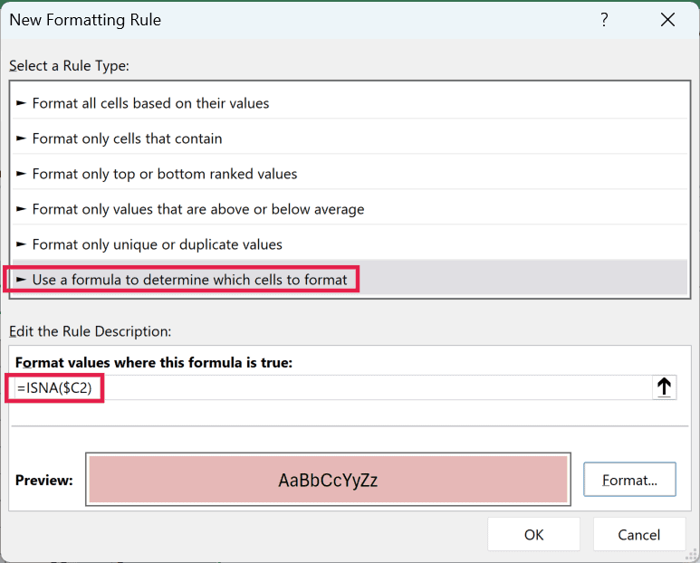 New Formatting Rule dialog box with the ISNA formula and a light red fill in the preview