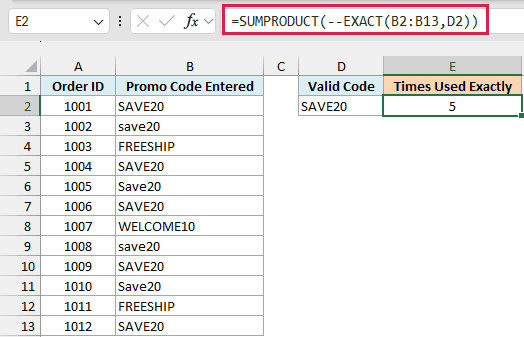 SUMPRODUCT with EXACT counts 5 orders that used SAVE20 in exactly the right case