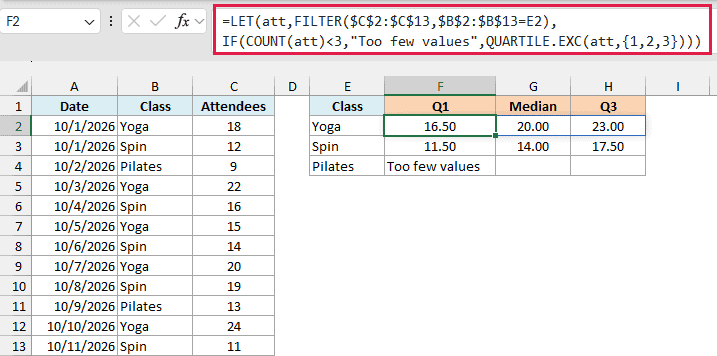 LET formula with a COUNT check shows Too few values for Pilates instead of the #NUM! error