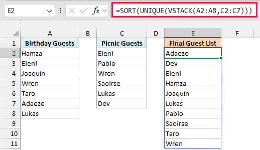 SORT and UNIQUE wrap VSTACK to return ten guest names in alphabetical order