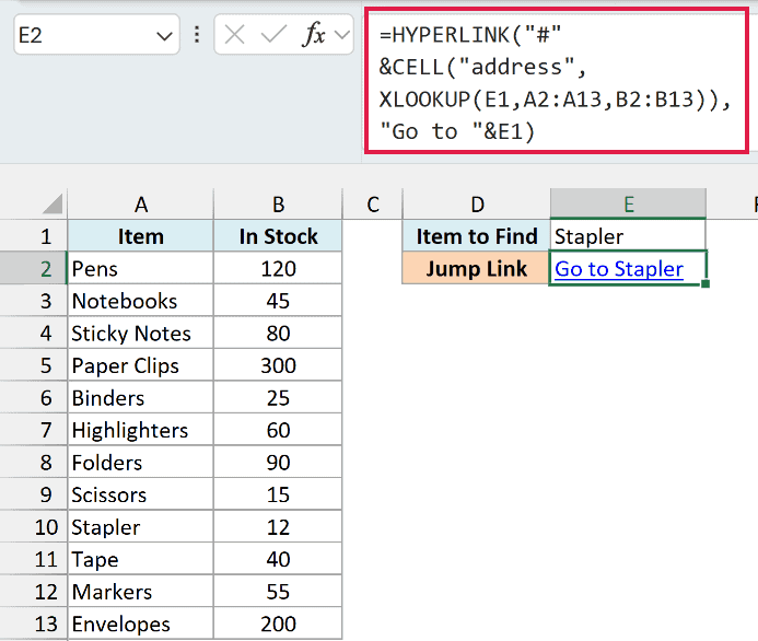 HYPERLINK with CELL and XLOOKUP creates a Go to Stapler link that jumps to the stapler's stock count