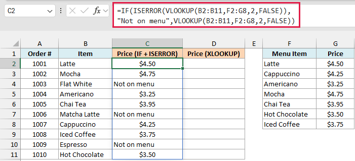 IF, ISERROR, and VLOOKUP return each price, or Not on menu for Flat White, Matcha Latte, and Espresso